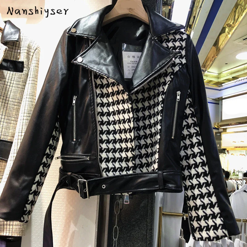 

Chic zipper Houndstooth tweed Stitching Faux PU Leather jacket with belt Women 2020 Autumn Slim Biker jacket Female Streetwear