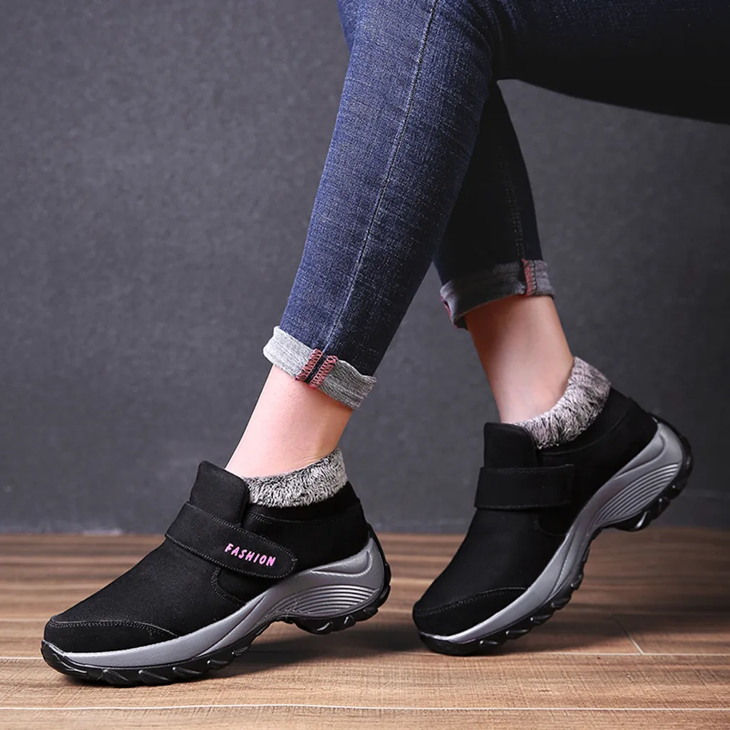 SAGACE/женские зимние ботинки; модная теплая плюшевая повседневная обувь; женские кроссовки; зимние ботинки на меху; резиновая подошва; безопасная высокая женская обувь - Цвет: Black