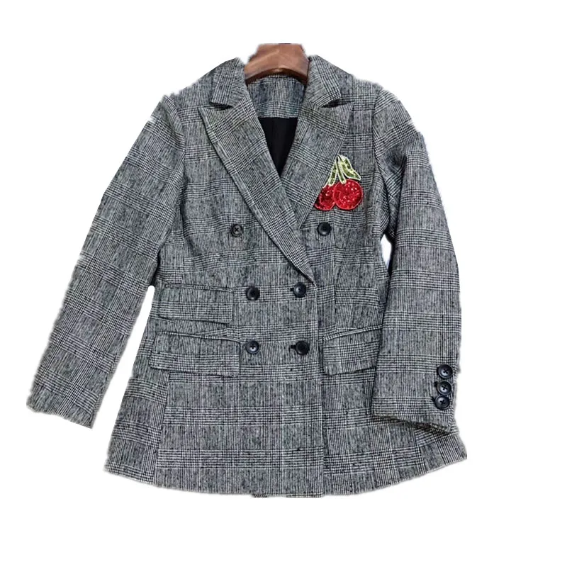Brand Fashion Women's High-end Luxury Autumn Elegant British Ladies Cherry Beaded Badges Slim Jacket Coat