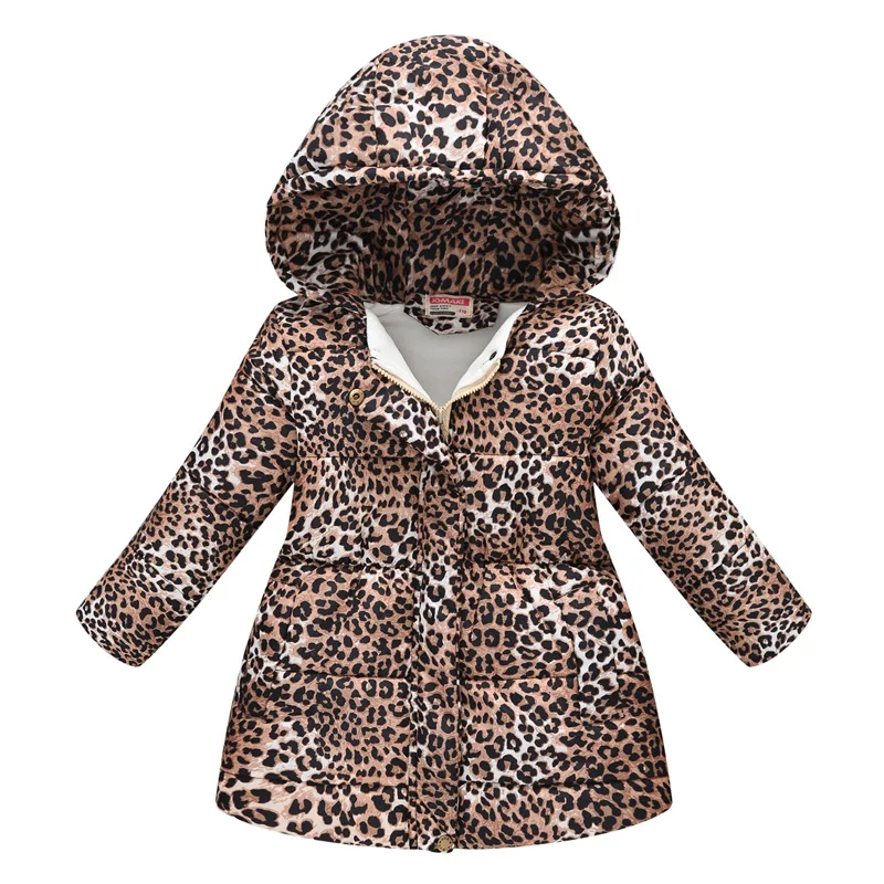 Осень Длинная парка для девочек зимняя теплая Куртка парка для девочек детская хлопковая куртка-парка уплотненная куртка с капюшоном, пальто с рисунком, куртки-парки для девочек - Цвет: leopard