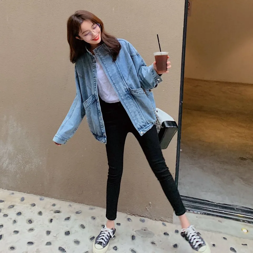 

Photo Shoot Playful INS Stand Collar Single Breasted Denim Blue Bat Sleeve Loose And Plus-sized Jacket Short Coat
