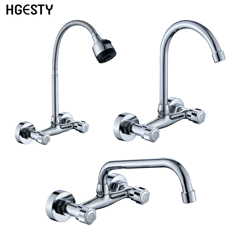 Double Handle Wall Mounted Kitchen Faucets Bras Dual Hole Bathroom Cold