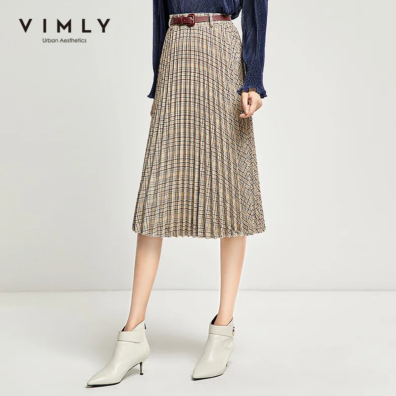 Женская Клетчатая Шерстяная Юбка Vimly элегантная офисная кружевная плиссированная юбка до колена с высокой