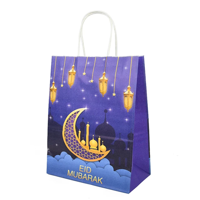 6pcs Eid Mubarak Kraft Paper Gift Bags Muslim Islamic Festival Party Cookie Candy Packaging Box Ramadan Kareem Favors Supplies style1