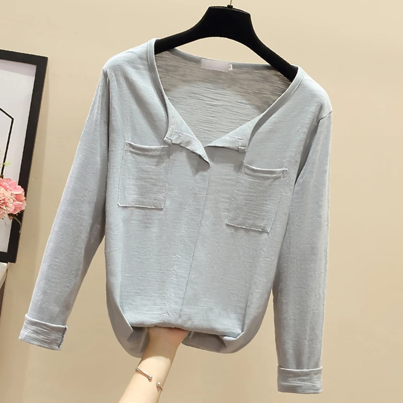 

White Tee Shirt Femme 2022 Cotton T Shirt Women Solid Pockets Casual O-Neck Long Sleeve Top Tshirt Spring Autumn Black T Shirts