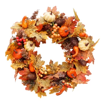

JEYL Autumn Theme Door Wreath Artificial Pumpkin Berries Pine Cone Maple Manmade Garland Cloth Rattan Material Home Decoration S