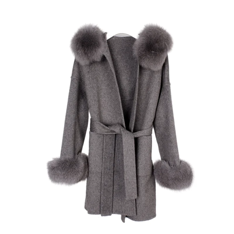 

Fox hair stitched Double-sided Coat 2022 Cashmere Wool Blends Real Fur Jacket Natural Genuine Fox Fur Collar Outerwear Fashion