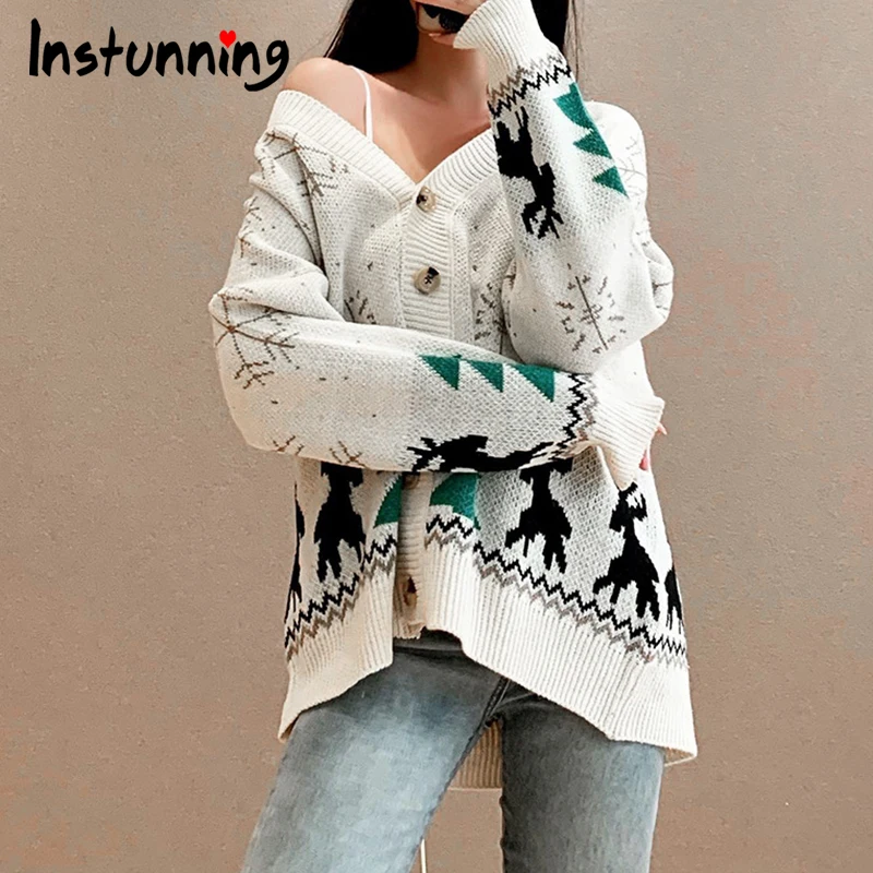 

Instuning Vintage Christmas Sweaters Women Long Sleeve Autumn Winter Print knitted Cardigan Female Chic Top 3 Color Front Button