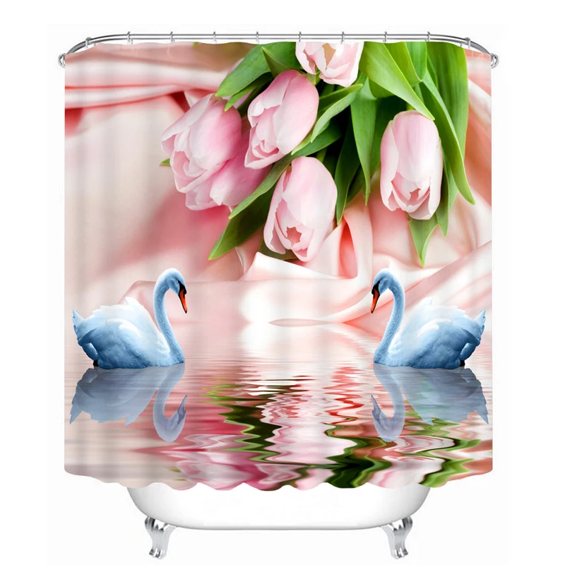 DIY Printed Shower Curtain Pink Rose &amp White Swan Pattern Bath Waterproof Thickened Fabrics Bathroom Products BE-017 | Дом и сад