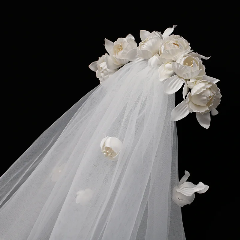 French Veil Exquisite Rose Bud Brides' Wedding hair Decoration Mid-Length Women hair wear