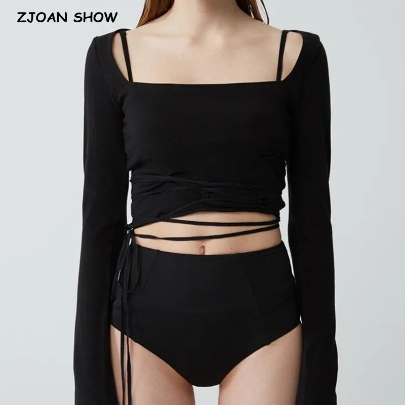 2022 Y2K Women Square Neck Bandage Cross Lacing up Crop T-shirt Cotton Top Long sleeve Slim Tee Base T-shirts tops | Женская одежда