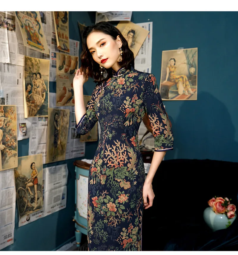 Sheng Coco винтажное имитирующее облако пряжа Cheongsam длинное платье вечернее Ретро Цветы Qi вечерние платья M-5XL размера плюс женская одежда