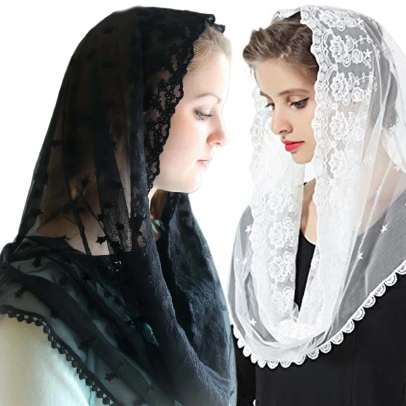 Muslim Floral Lace Veil Scarf Wedding Bride Chapel Head Covering Wrap Latin Mass Mantilla Catholic Hijab