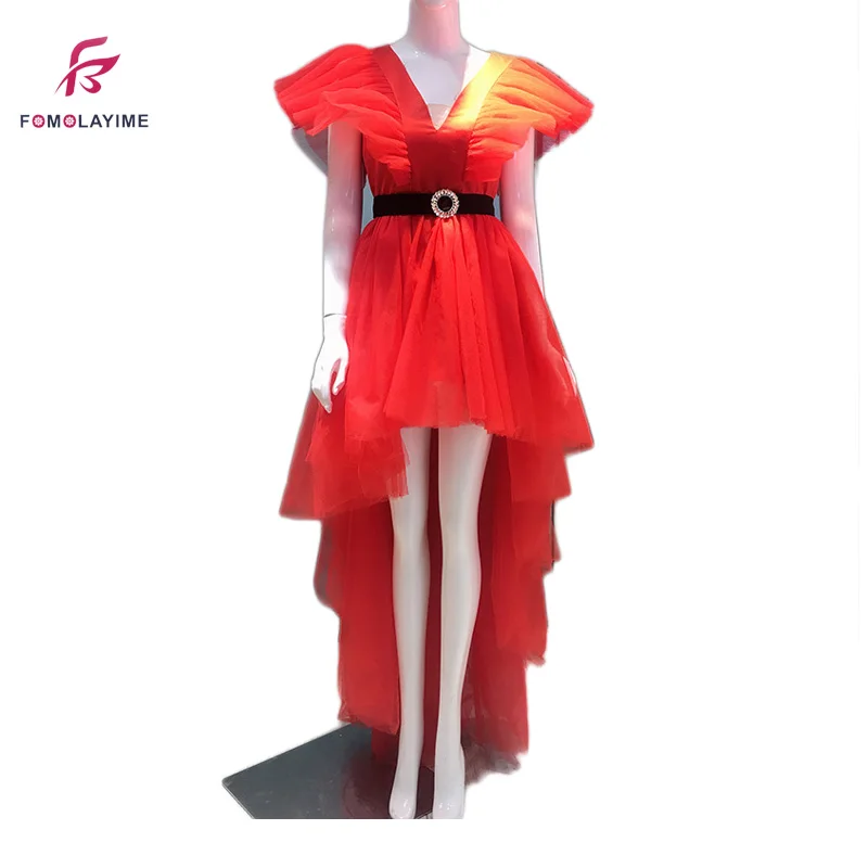 

Spring 2020 New Elegant Lady Temperament Woman Dress Mesh Yarn Irregular Deep V Dress
