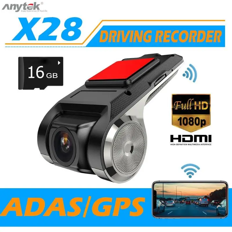 Anytek X28 Full HD 1080P Автомобильный видеорегистратор камера WiFi ADAS 150 объектив Dashcam+ 16 ГБ TF Карта Full HD камера с 1920x1080@ 30fps
