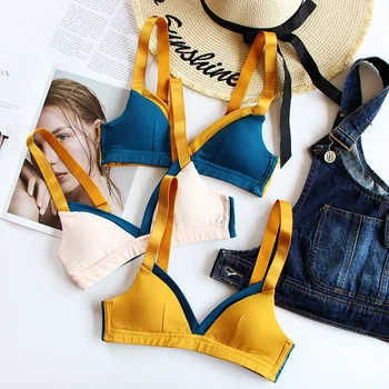 

Bra Women Underwear Cotton Sexy Wire Free Patchwork One-Piece Lingerie Wild Comfortable Fitbess Bras