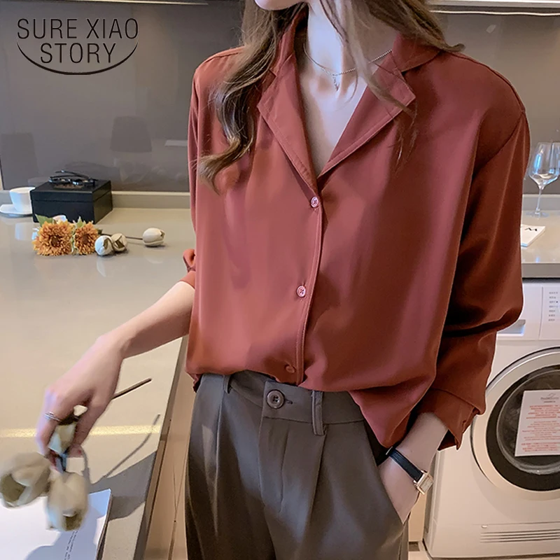 

New Korean V-neck Shirts Women Long Sleeve Cardigan Clothing Blusas Mujer De Moda 2021 Women Chiffon Blouse Solid Blusas 9380 50