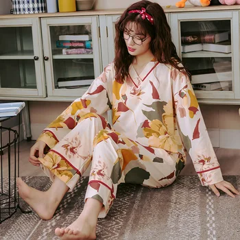 

Women Floral Clothes For Autumn Winter Pajamas Sets V-Neck Sleepwear Small Flower Pijamas Mujer Long Sleeve Cotton Sexy Pyjamas