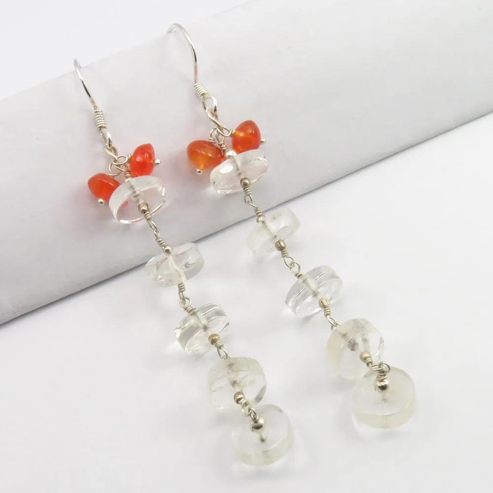 

Solid Silver Crystal, Carnelian Beads Drop Dangle Earrings Art Deco