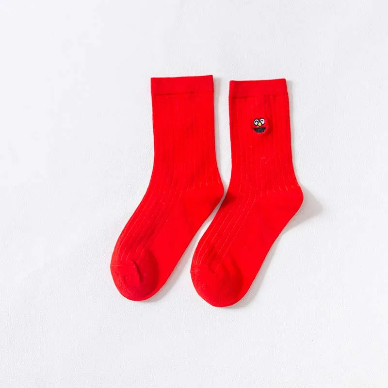 [WPLOIKJD]Candy Color Autumn Winter Socks New Product Embroidery Cute Expression Cotton Women Socks Harajuku Sokken Skarpetki - Цвет: Red Socks