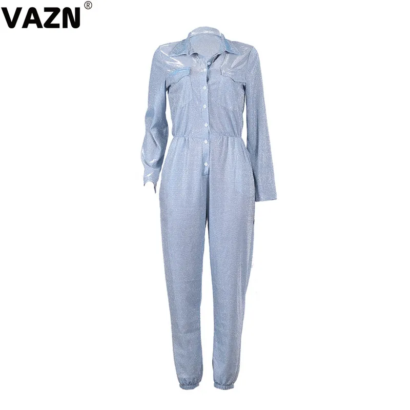 VAZN ME361Solid blue Прямые длинные брюки сафари сексуальный женский комбинезон с отложным воротником с длинными рукавами спортивные костюмы длинный комбинезон