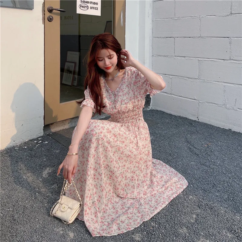 

Chiffon Midi Dress Summer Sweet Floral Print Puff Sleeve Elastic Waist Vintage Casual New V-Neck Women Clothes Vestidos