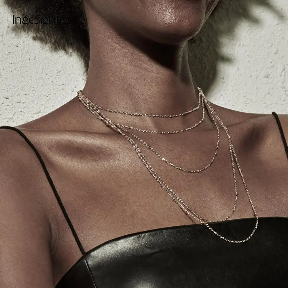 

IngeSight.Z Punk Hiphop Multi Layered Bead Choker Necklace Collar Statement Clavicle Chain for Women Long Chain Necklace Jewelry