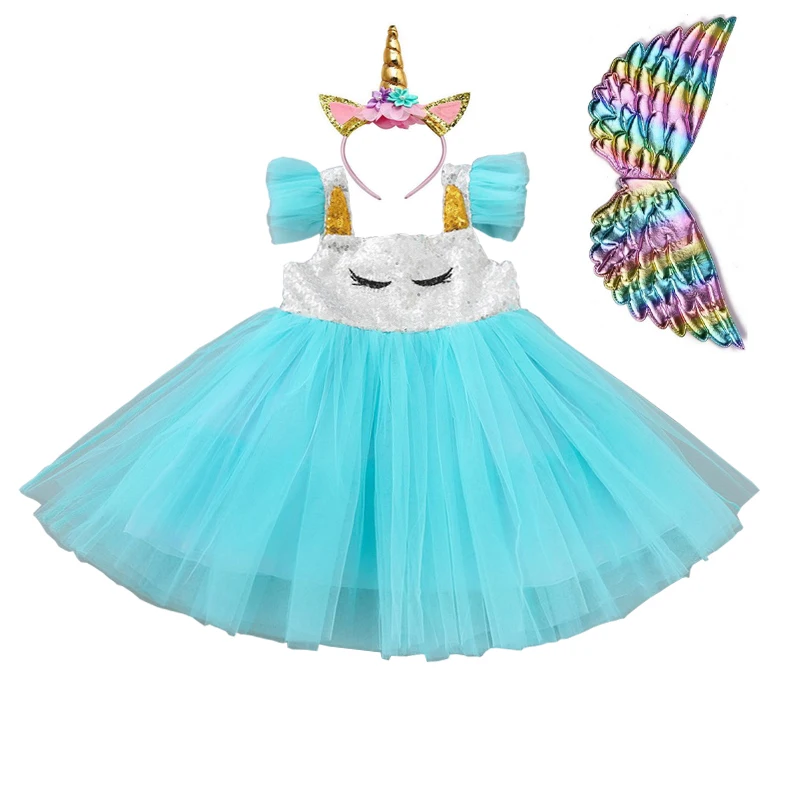 Радужные костюмы единорогов для девочек, платье-пачка с единорогом+ повязка на голову+ крылья, 3 предмета, праздничные вечерние платья принцессы для девочек, От 2 до 7 лет