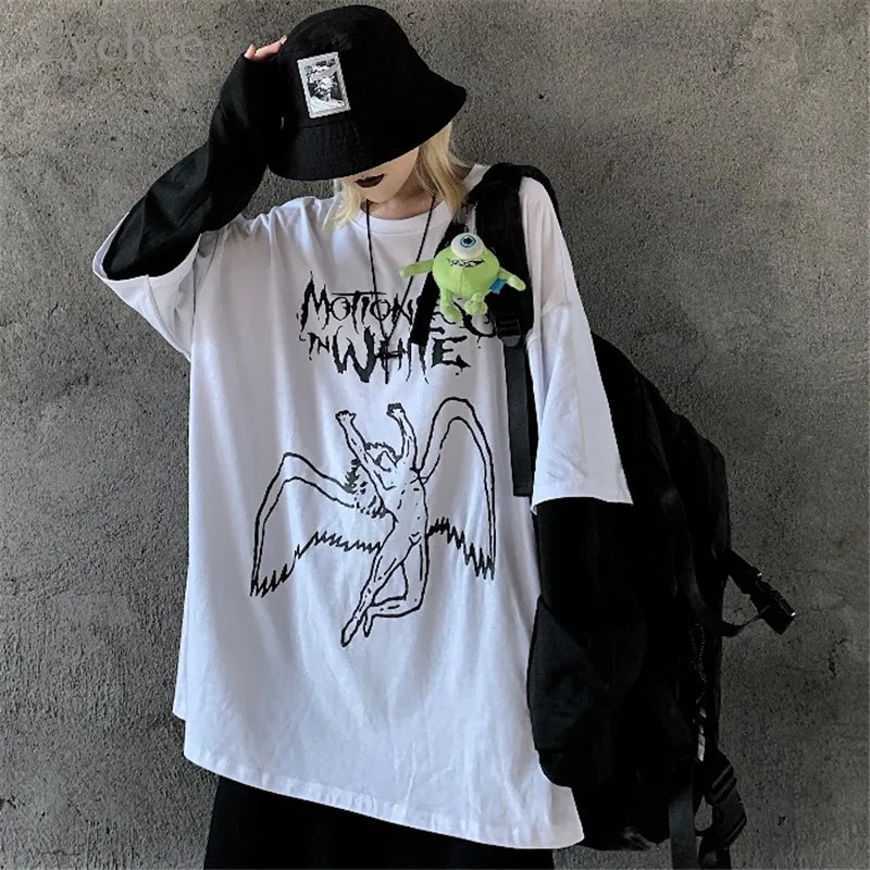 Lychee Harajuku, женская футболка с буквенным принтом ангела, топ, футболка, пэчворк, с круглым вырезом, женские футболки, Поддельные 2 штуки, женские футболки, топы, футболки