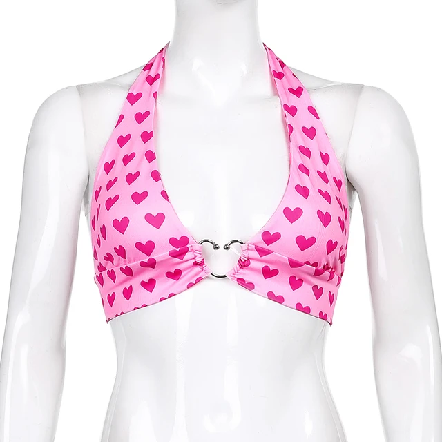 Sweetown Pink Heart Print Cute Bustier Crop Top Women Y2K Aesthetic Kawaii Clothes Sleeveless Backless Lace Up Bralette Camisole 5