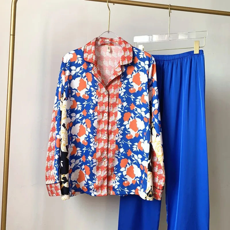 

New Pajamas Women's Spring And Autumn Silk Loose Simulation Silk Cardigan Two-Piece Suit Can Be Worn Outside Clothing
