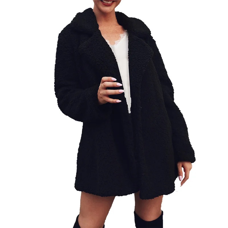 Плюшевое пальто, Женское пальто с открытой строчкой, модное женское теплое пальто с искусственным мехом, зимняя однотонная верхняя одежда с отложным воротником - Цвет: Black