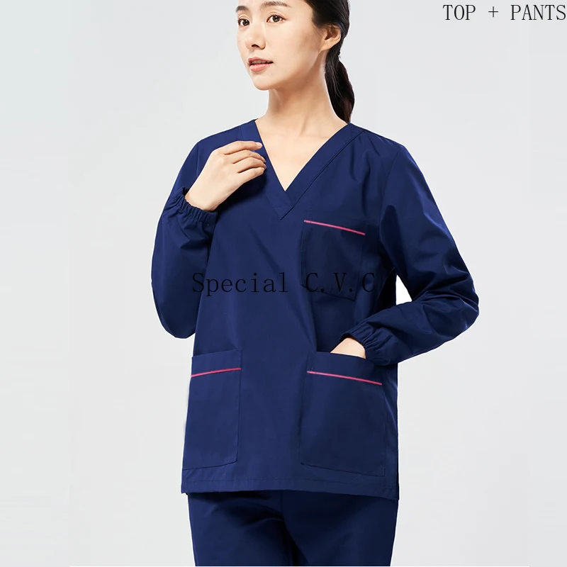 Women Scrub Set Long Sleeve Nurse Uniform Cotton Doctor Workwear V Neck