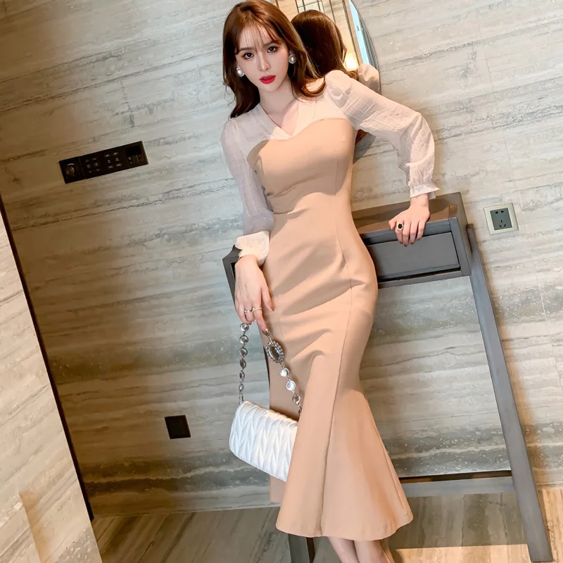

2022 Autumn Dress Korean Version Long Skirt Gentle Sexy Tight Wrap Hip Mermaid Long-Sleeved Dresses Female Elegant Clothing