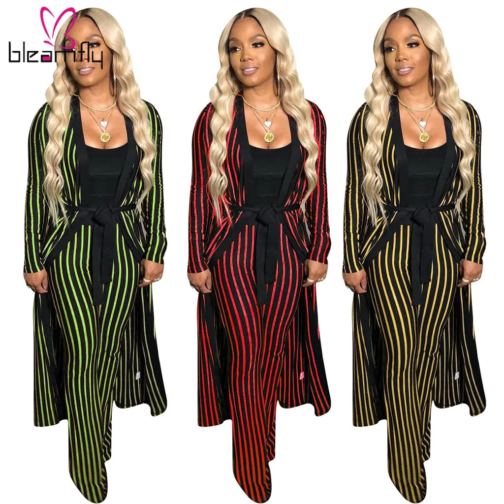 

2019 New Autumn Winter Women Stripes Printed X-long Coat Straight Pants Suit Two Piece Sets Vintage Fashion Tracksuit Outfits