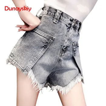 

Women Nightclub Casuall Shorts Female Worn Burrs Personality High Waist Denim Thin Slim Tassel Zipper Pocket Button Shorts