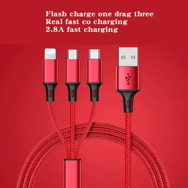 

One drag three data cable 2.8A woven fast charging mobile phone three in one data cable multi-functional charging cable mini usb