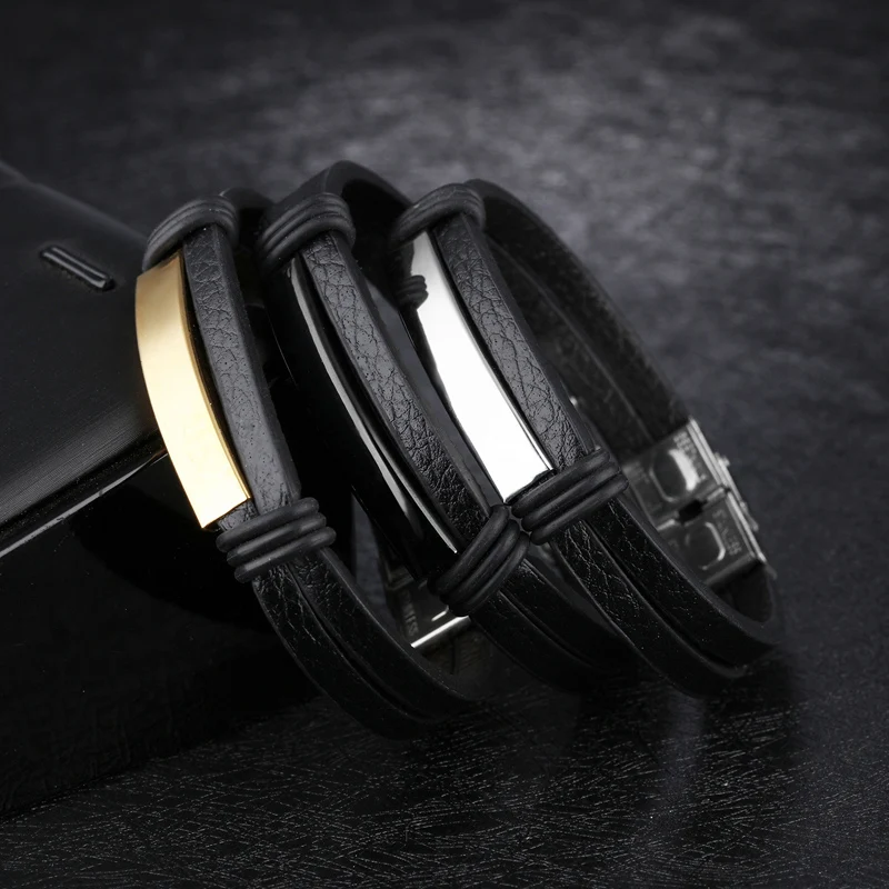 No fade Men Stainless Steel Bracelets& Bangles High Quality Leather Cuff Bracelet Man Titanium Men's Wrap Bracelet Jewelry
