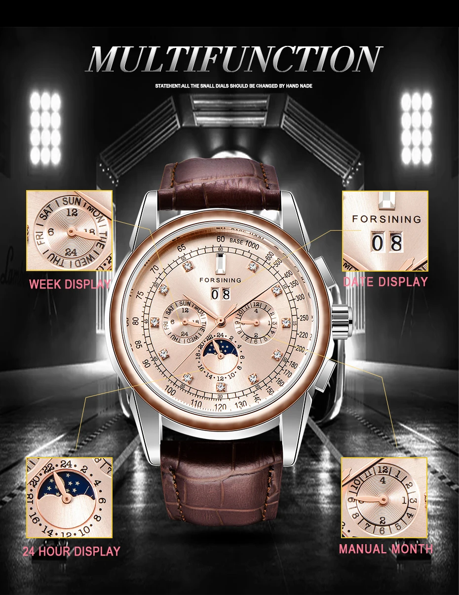 Роскошные мужские автоматические часы FORSINING Rose Golden, фаза Луны, календарь, дизайнерские часы, Лидирующий бренд, мужские наручные часы, Прямая поставка