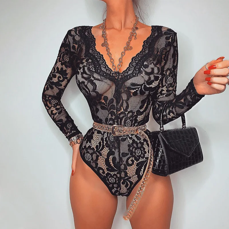 

BONJEAN Women Hollow Out Mesh Bodysuit Long Sleeve Sexy Sheer Deep V neck Bodycon Evening Party Club Body Romper Tops