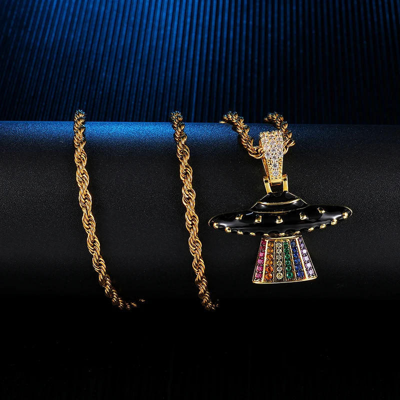 

Iced Out Micro Paved Colorful Cubic Zirconia Alien UFO Pendant Necklace For Men Hip Hop Rapper Jewelry With Tennis Chain