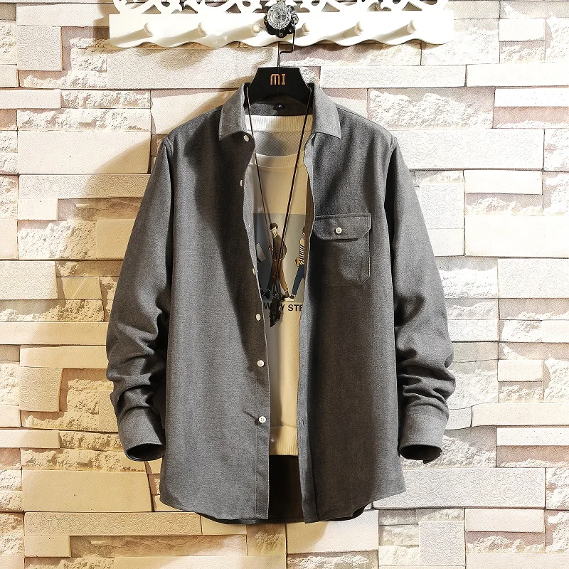 Privathinker Men Solid Loose 8 Colors Shirts Mens Collage Korean Shirt Male Autumn Fashion Clothes Streetwear Tops Oversize - Color: Gray(AsianSize)