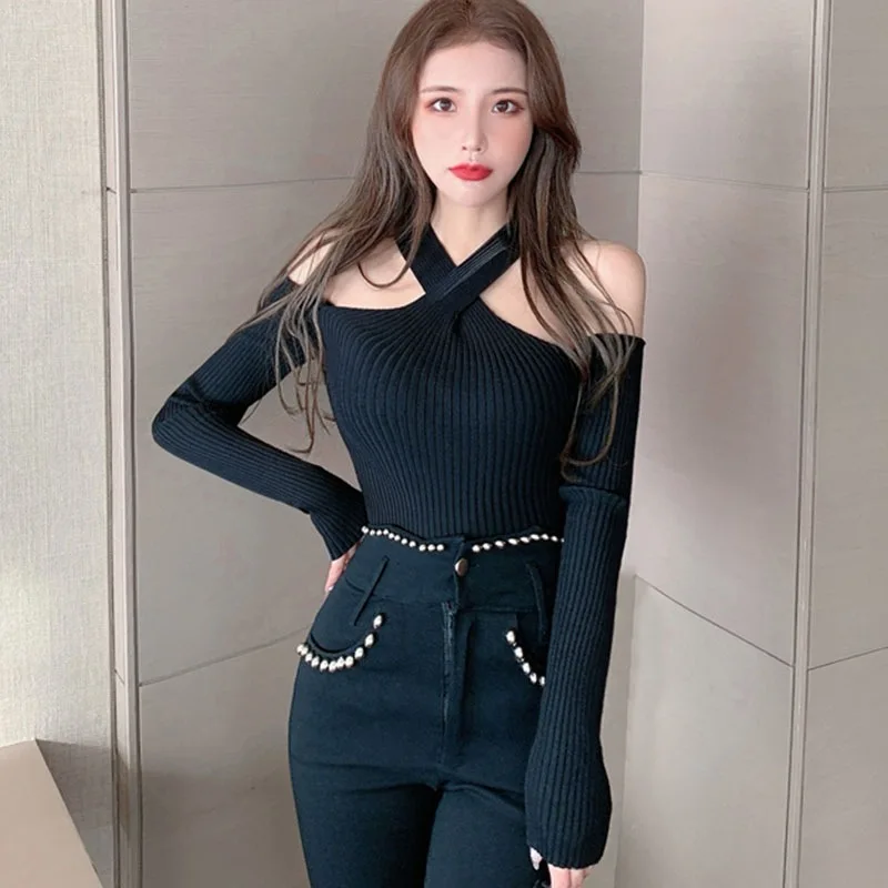 

Autumn Woman Sweaters Long Sleeve Korean Pullovers Women One-neck Off-shoulder Cross Halter Knitted Jumpers