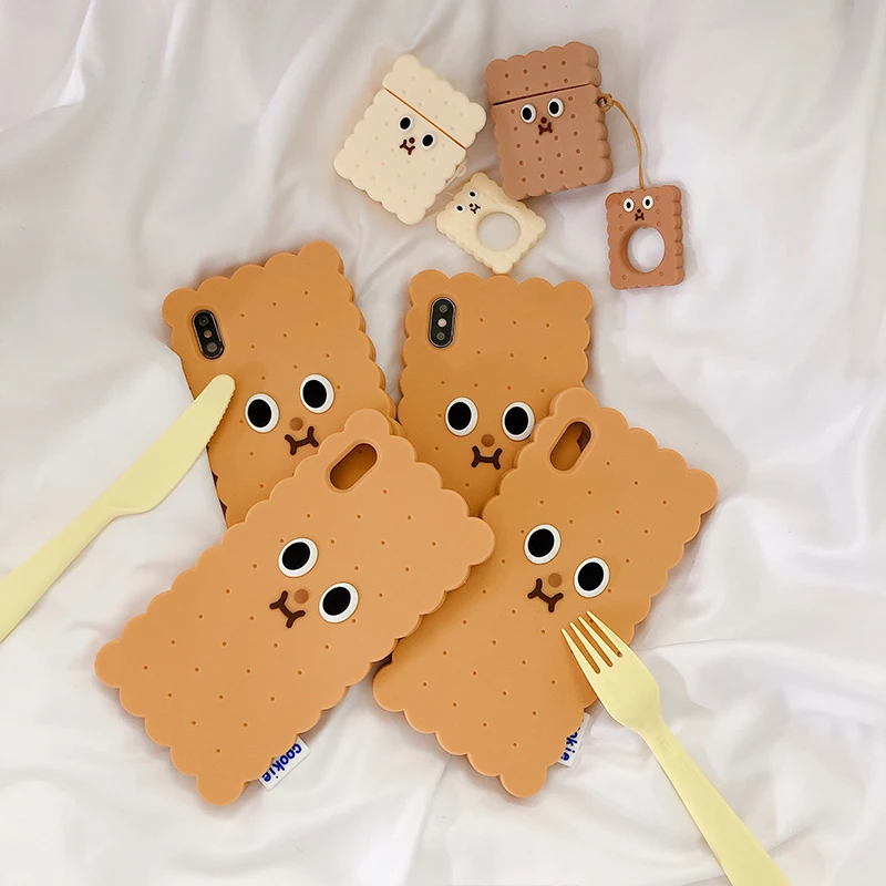

Headset Bag with Ring Strap Cases for AirPods 1 2 Cartoon Biscuits Emoji Cover Silicone Case for iPhone XS Max XR 8 7 6s Plus