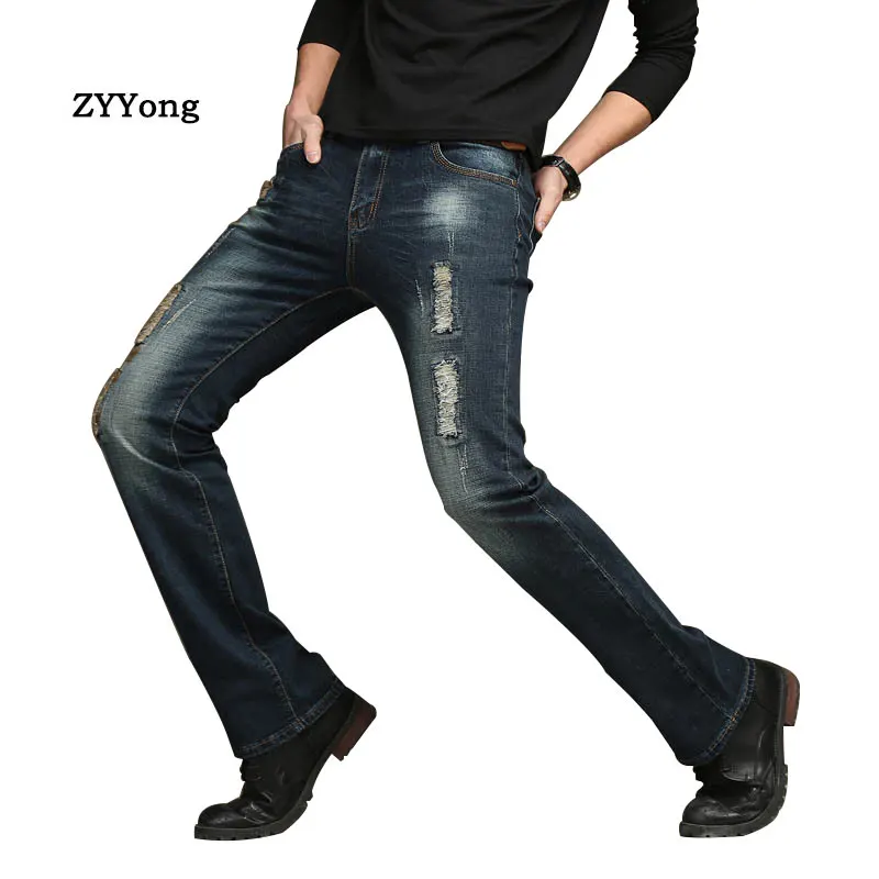 2020 High Quality New Casual Boot cut Men's Ripped Jeans Slim Flare Pants Blue Black Trousers