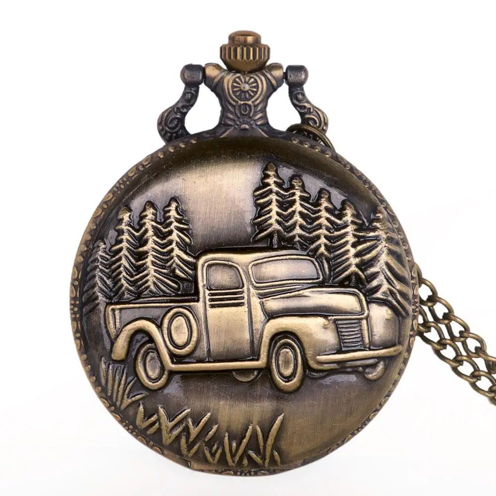 Высокое качество большой лесной автомобиль стимпанк кварцевые карманные часы Античная бронза грузовик резьба унисекс с цепочкой для мужчин и женщин подарок