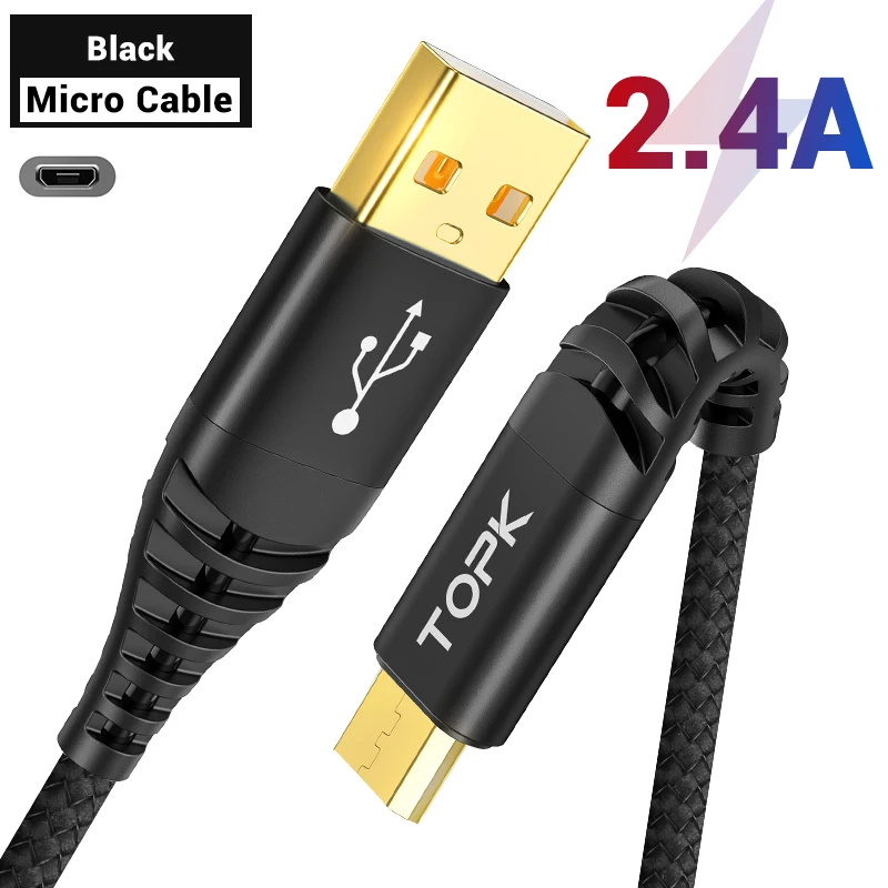 TOPK Micro usb type-C кабель 3A Быстрая зарядка для samsung Xiaomi huawei кабель для передачи данных для мобильного телефона type-C для Xiaomi Redmi Note 8 - Цвет: Black for Micro