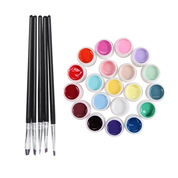 

5 Pcs Brushes UV Gel Brush Nail Painting Drawing Liner Flat Deco Nail Art Display Black. & 20 Colors Lot Gel UV Range Milkshake