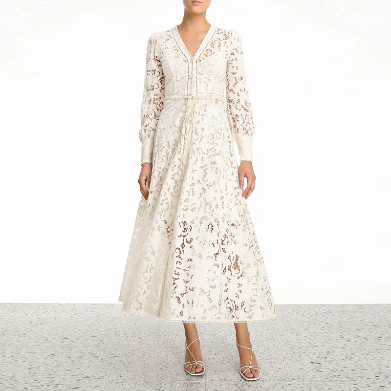 Весеннее кружевное длинное женское платье с v-образным вырезом и длинным рукавом, винтажное Макси платье с высокой талией и поясом - Цвет: photo color