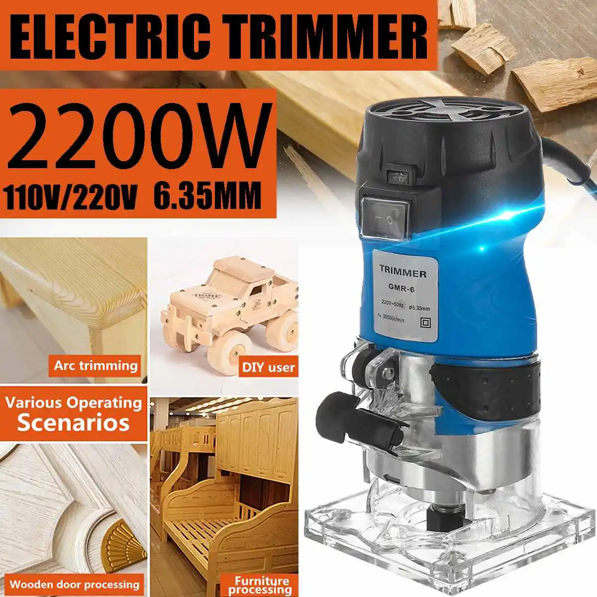 

220V 2200W Woodworking Electric Trimmer Wood Milling Engraving Slotting Trimming Machine Hand Carving Machine Wood Router